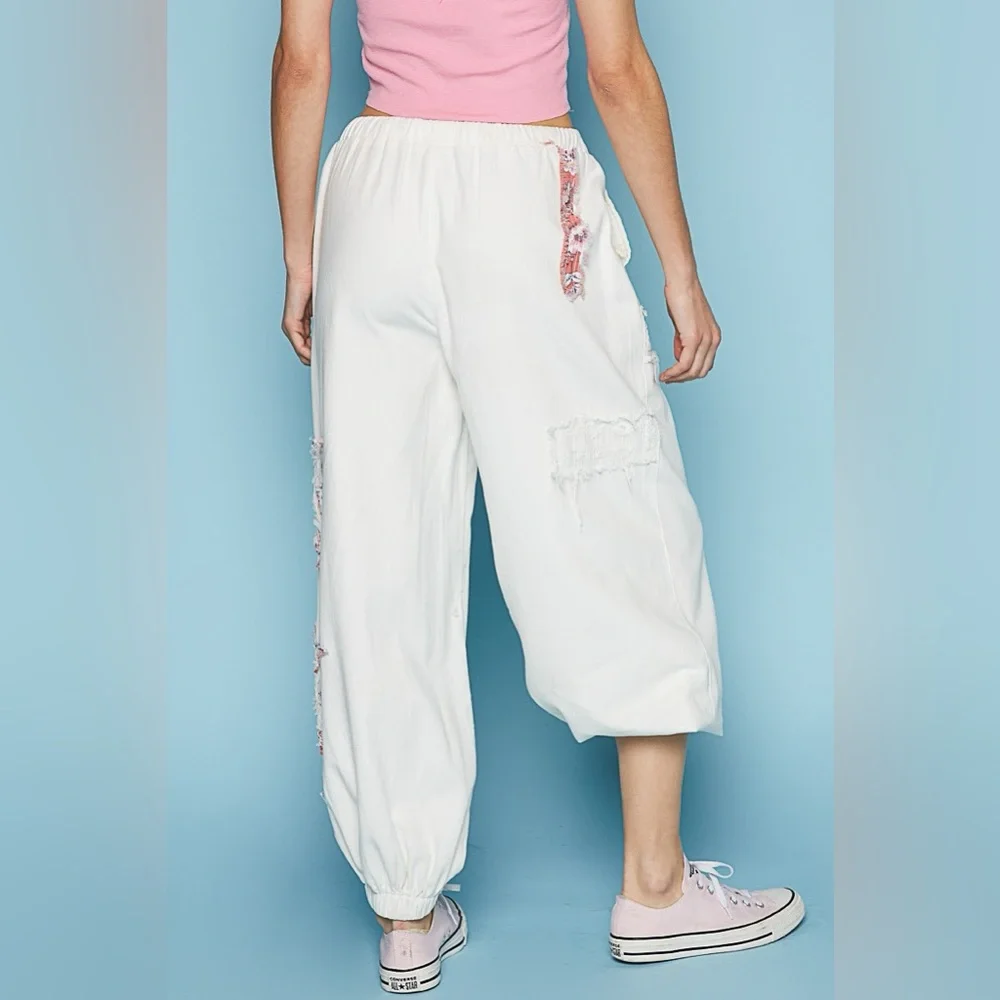 Elastic Waist Star Patch Jogger Pant in Off White Pre loved